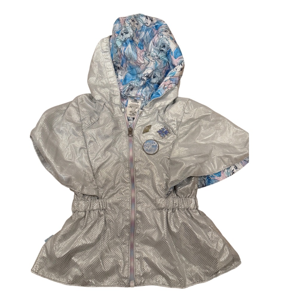 Disney Frozen 2 Elsa Anna Silver Metallic Hooded Windbreaker Jacket Girls 5/6